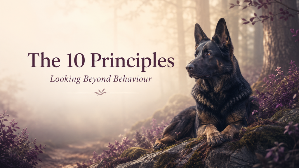 Zeus-inspired black German Shepherd representing the 10 Principles of Seeing Dogs Differently.