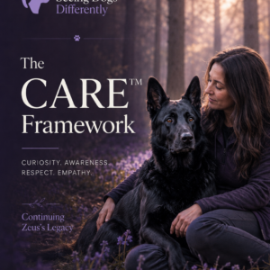 Zeus-inspired German Shepherd and person pausing together in a peaceful woodland setting for compassionate reflection.