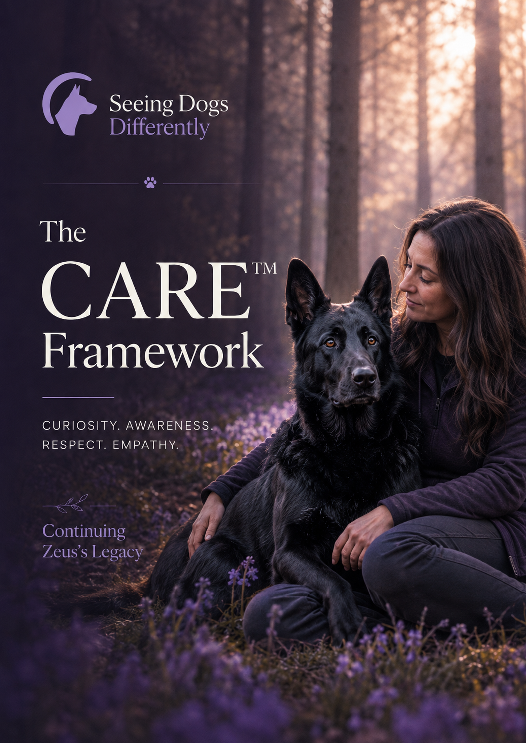 The CARE™ Framework Zeus-inspired German Shepherd and person pausing together in a peaceful woodland setting for compassionate reflection.