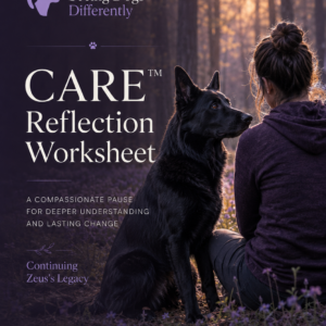 Zeus-inspired German Shepherd and person pausing together in a peaceful woodland setting for compassionate reflection.