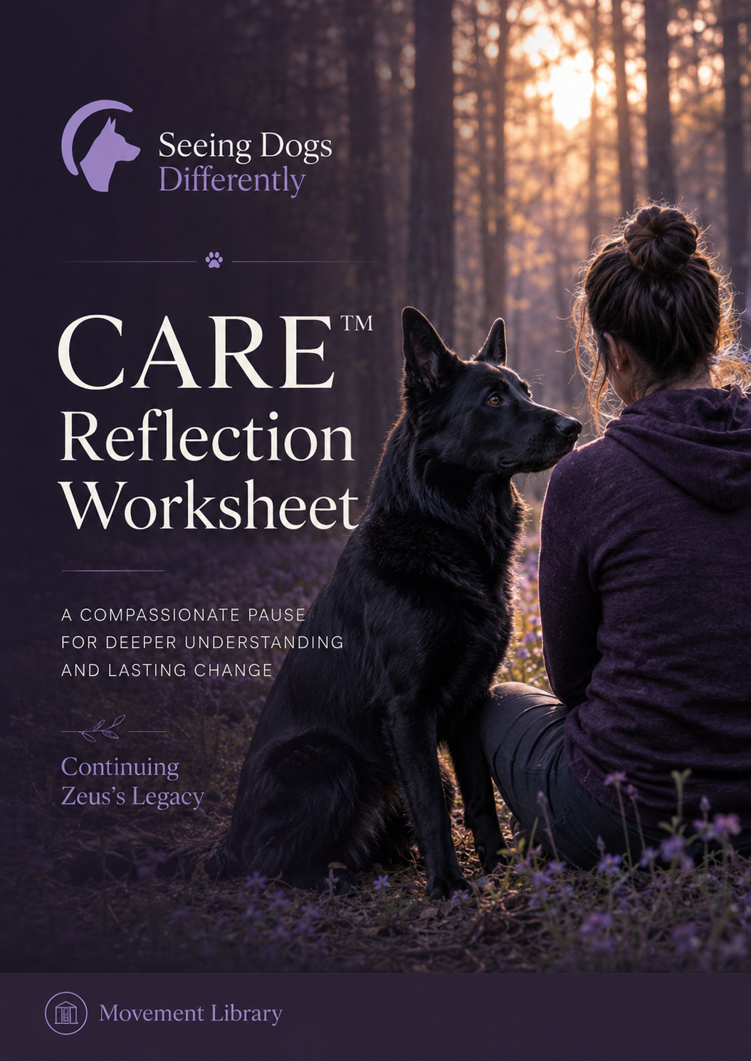 CARE™ Reflection Worksheet Zeus-inspired German Shepherd and person pausing together in a peaceful woodland setting for compassionate reflection.