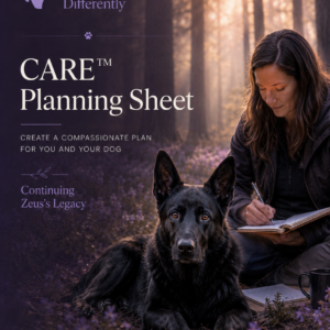 CARE™ Planning Sheet Person making a supportive plan while a calm black German Shepherd rests nearby in a natural setting.