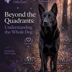 Beyond the Quadrants: Understanding the Whole Dog Zeus-inspired German Shepherd surrounded by subtle connected elements representing learning, emotions, health, environment and relationships.
