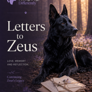 Letters to Zeus Black German Shepherd resting beside handwritten letters in warm woodland light, representing love, memory and reflection.