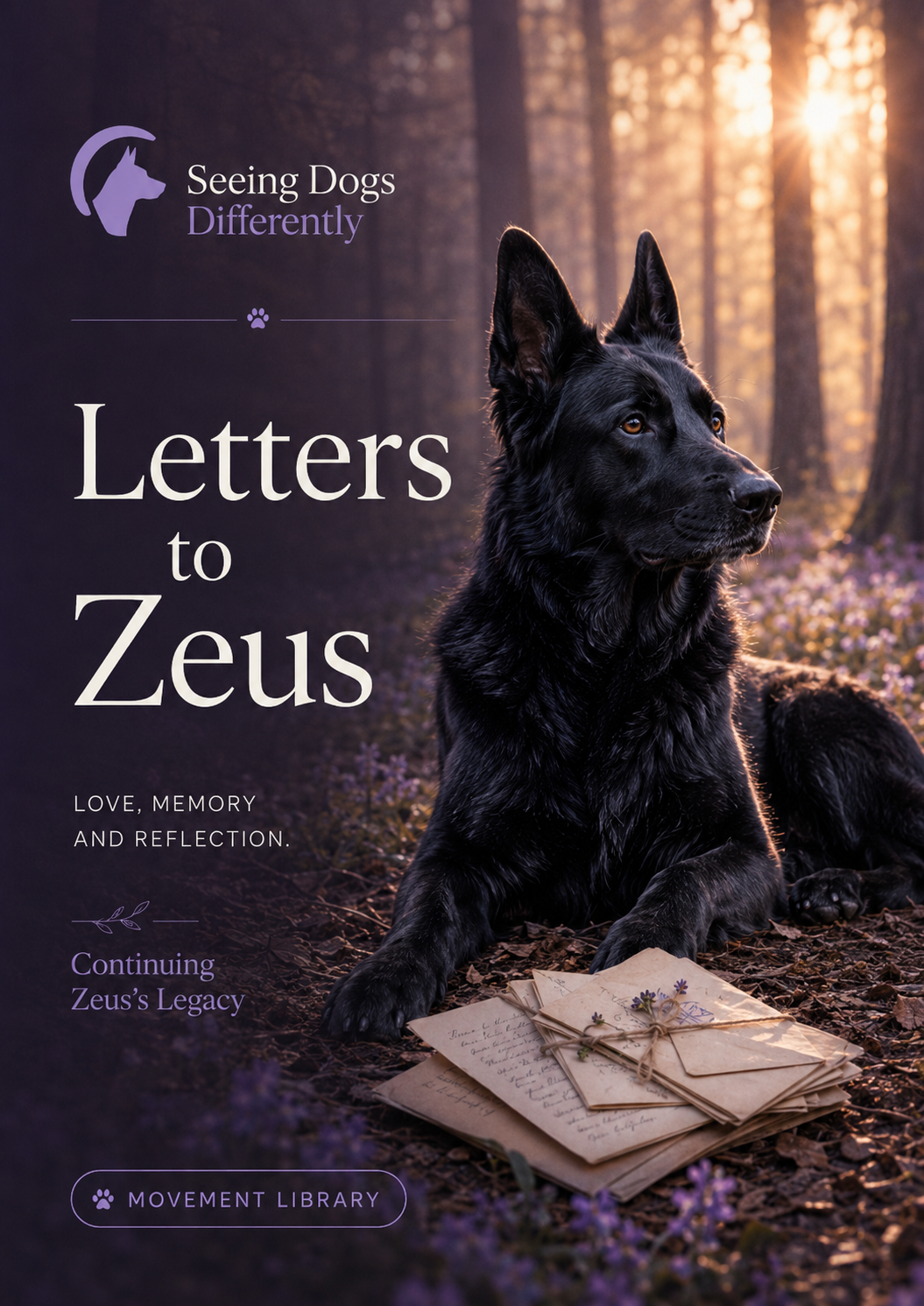 Letters to Zeus Letters to Zeus Black German Shepherd resting beside handwritten letters in warm woodland light, representing love, memory and reflection.