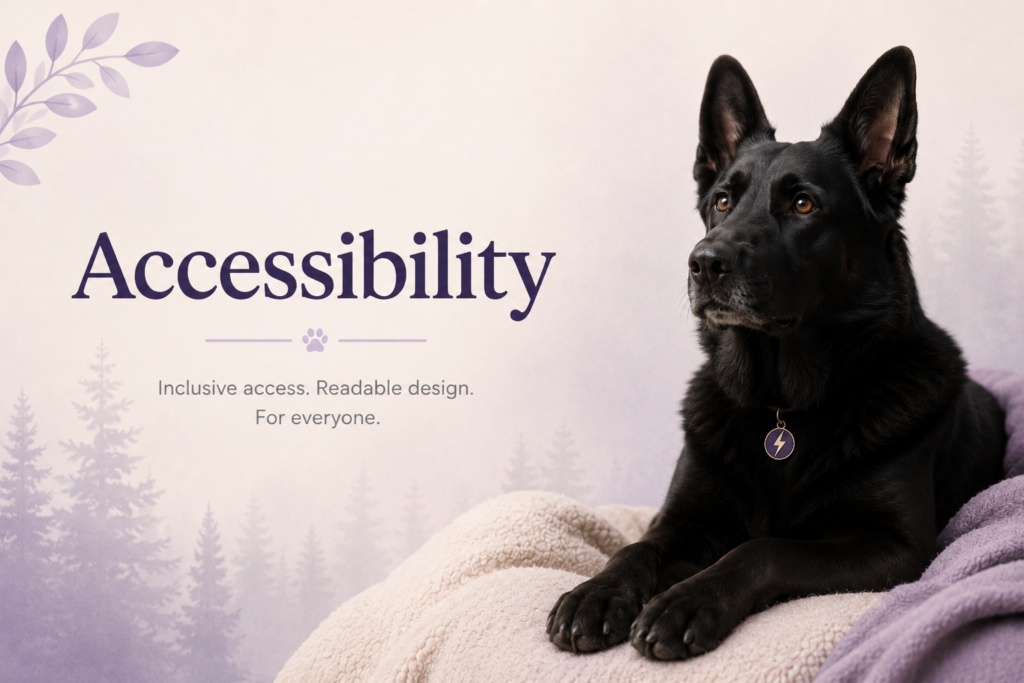 Accessibility page image featuring a calm black German Shepherd on soft blankets beside the heading “Accessibility” and the text “Inclusive access. Readable design. For everyone.”