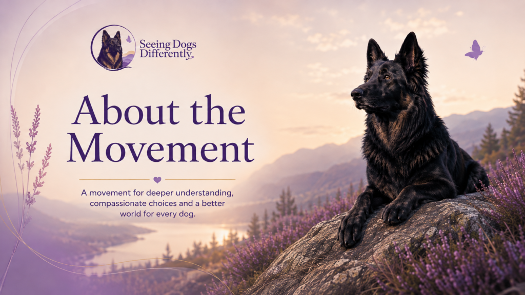 Seeing Dogs Differently About the Movement hero image featuring a Zeus-inspired German Shepherd in a calm purple mountain landscape