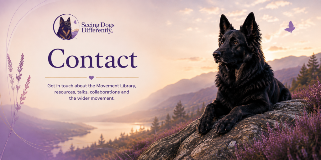 Seeing Dogs Differently Contact page hero image featuring a Zeus-inspired German Shepherd in a calm purple mountain landscape
