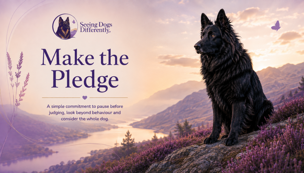 Make the Pledge Seeing Dogs Differently Make the Pledge hero image featuring a Zeus-inspired German Shepherd standing in a calm purple mountain landscape