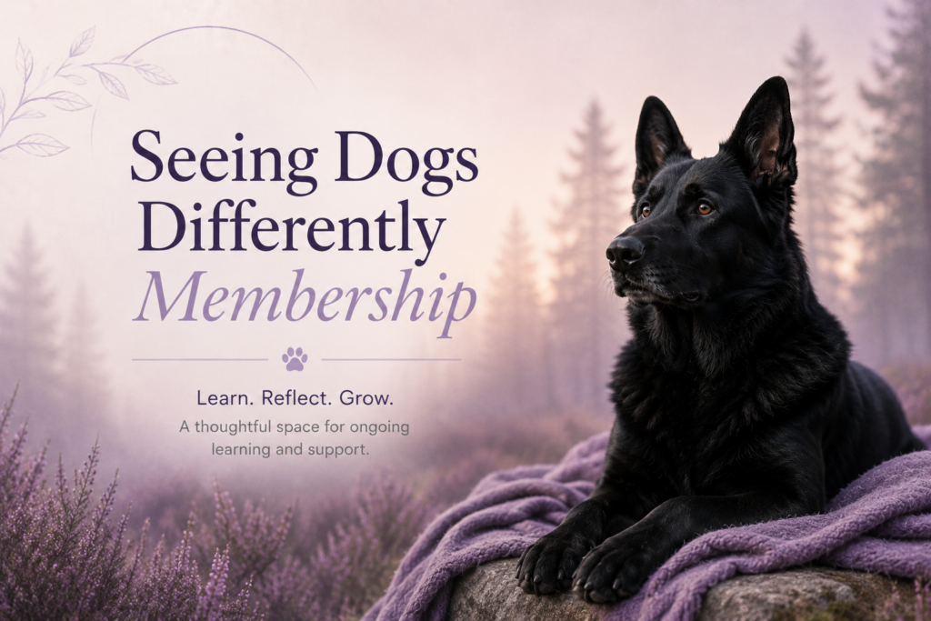 Membership Zeus-inspired black German Shepherd in a soft purple woodland setting representing the Seeing Dogs Differently Membership, with the text “Learn. Reflect. Grow.”