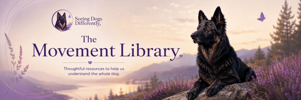 Movement Library Seeing Dogs Differently Movement Library hero image featuring a Zeus-inspired German Shepherd in a purple landscape