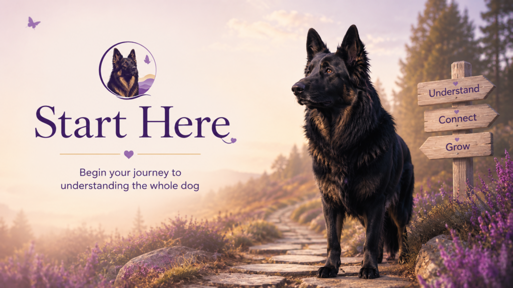 Seeing Dogs Differently Start Here image featuring a Zeus-inspired German Shepherd beside a signpost reading Understand, Connect and Grow